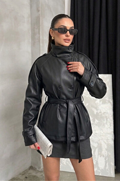 spirituel Women's Faux Leather Jacket Belted Buttoned Long Sleeve Pocketed St...