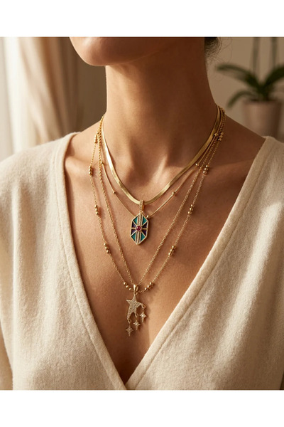 Dorvina 316L Çelik Gold Renk Kadın Kolye Seti 4 Adet KolyeZirkon Taşlı Yıldız...