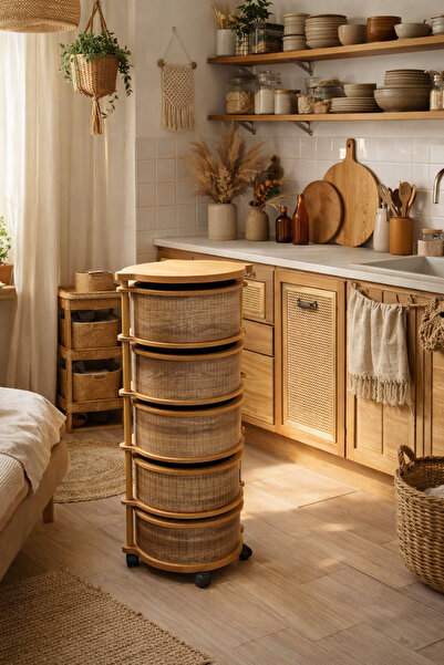 sonnenflügel 5 Katlı Tekerlekli Çok Amaçlı Ahşap Sebzelik Sepeti Oval Kemençe