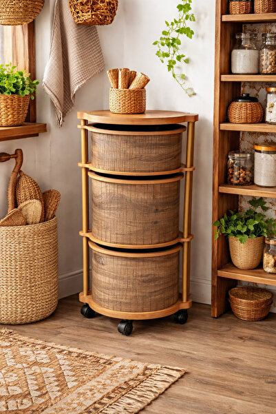 sonnenflügel 3 Katlı Tekerlekli Çok Amaçlı Ahşap Patates Soğan Sepeti Sebzeli...