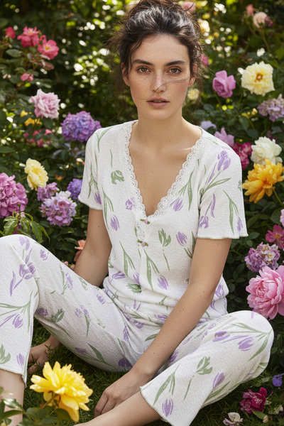 Siyah İnci Ecru Tulip Patterned Lace Ruffled Short-Sleeved Pajama Set 26120727