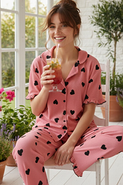 Siyah İnci Pink Heart Patterned Wrinkled Short Sleeve Buttoned Pajama Set 261...