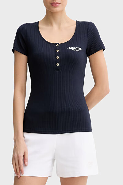 Guess Guessxns Slim Fit Logo Buttoned Round Neck Top W6Gp01K2658 Top W6Gp01 K...