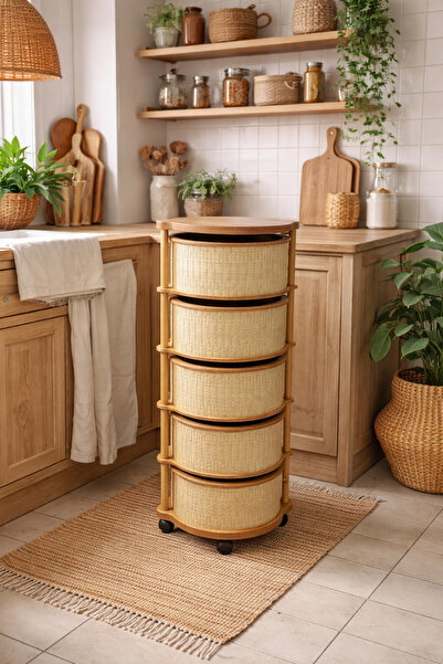 sonnenflügel 5 Katlı Tekerlekli Çok Amaçlı Ahşap Sebzelik Sepeti Oval Bej