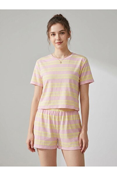 Merlot Pink Yellow Striped T-Shirt Shorts Knitted Pajama Set