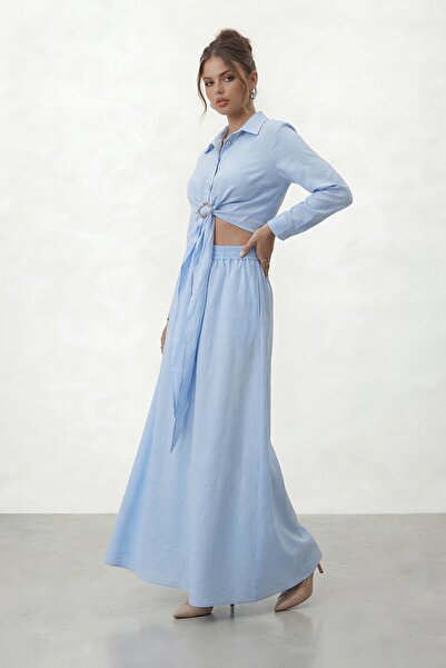 VAGGON Buckle-Decorated Long Sleeve Shirt and Maxi Skirt Set