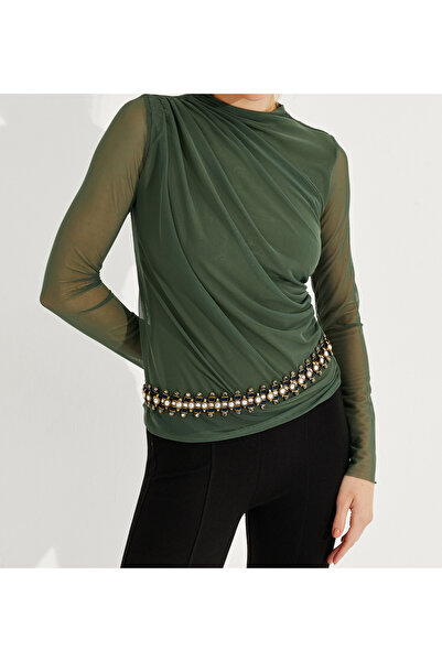 NEW JOURNAL Γυναικεία Χακί Μπλούζα από Τούλι με Κορδόνι και Ντραπέ APP1244