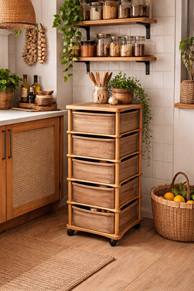 sonnenflügel 5 Katlı Tekerlekli Çok Amaçlı Ahşap Sebzelik Sepeti Kare Kemençe