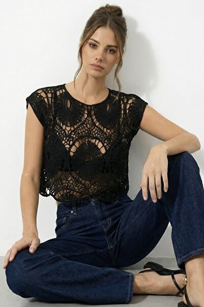 VAGGON Crew Neck Openwork Patterned Short Sleeve Transparent Blouse
