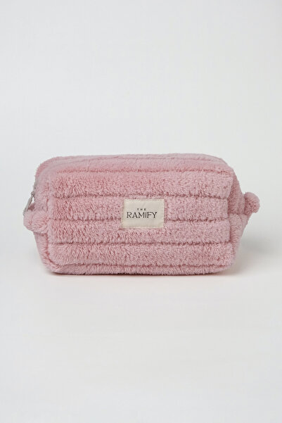 the ramify حقيبة مكياج مبطنة كبيرة الحجم من الفرو المخطط باللون الوردي