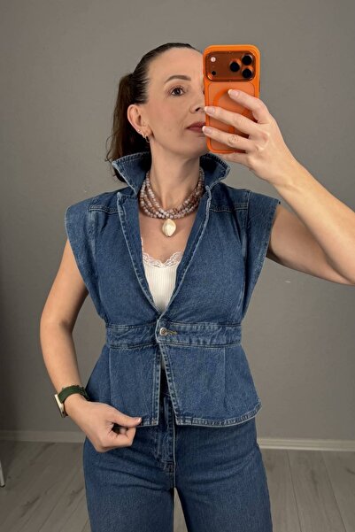 lady special Μπλε τζιν γιλέκο με ένα κουμπί