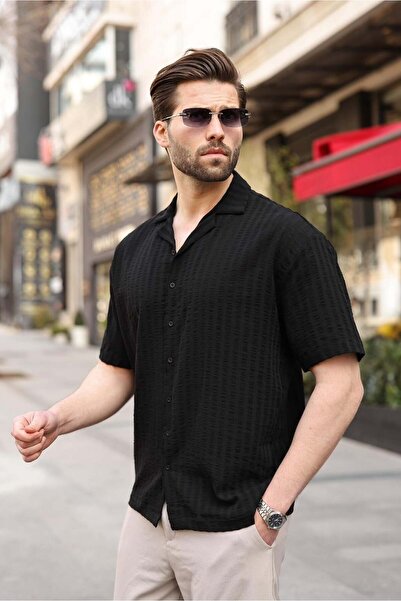 Madmext Black Gofre Fabric Men's Shirt E6772