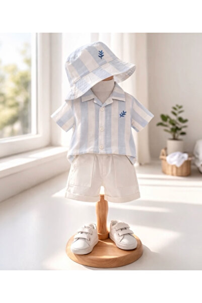 LİTTLE ANGELS Baby Boy Blue and White Striped Shirt Shorts Hat Set