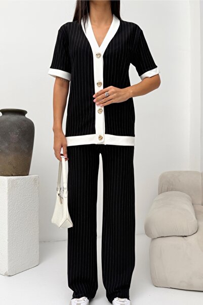 Ded COLLECTION Set modal pentru femei, cu dungi albe și benzi, cu nasturi în ...