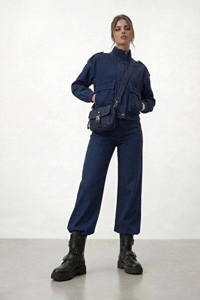 VAGGON High Collar Pocketed Crop Jacket and Wide Leg Pants Denim Set