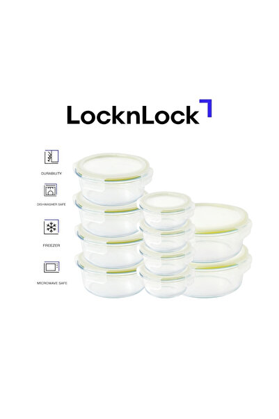 locknlock Fresh Oven-Safe Glass Round Container 10-pcs Set – Airtight, Leakpr...