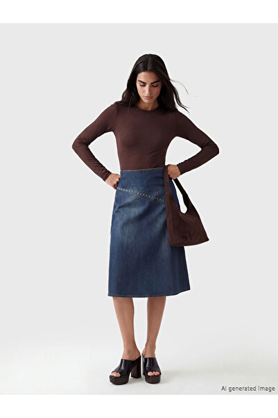 LC Waikiki Navy Blue Waist Zippered Stoned A-Line Jean Skirt