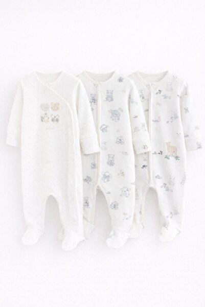 Next Baby Cotton White Animal 3-Piece Jumpsuit Set
