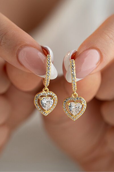 Zundesilver White Heart Zircon Stone Gold Color 15 mm Hoop Earrings