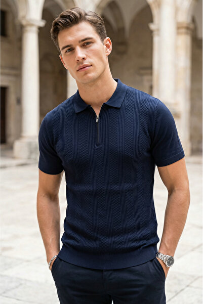 SAYZEN YOUR SHİNE Patterned Polo Collar Zippered Men's T-Shirt