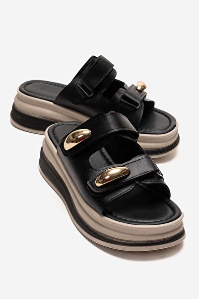 CCWAY AYAKKABI Women's Double Velcro Buckle Slippers Black