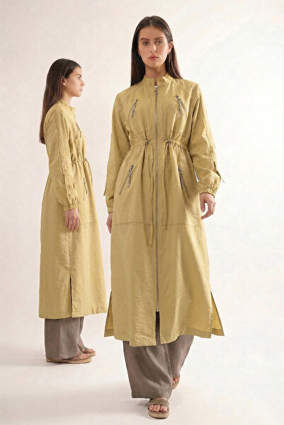 Ceremony Hakim Collar, Gathered Waist, Front Zipper Detailed Safari Cap Jacke...