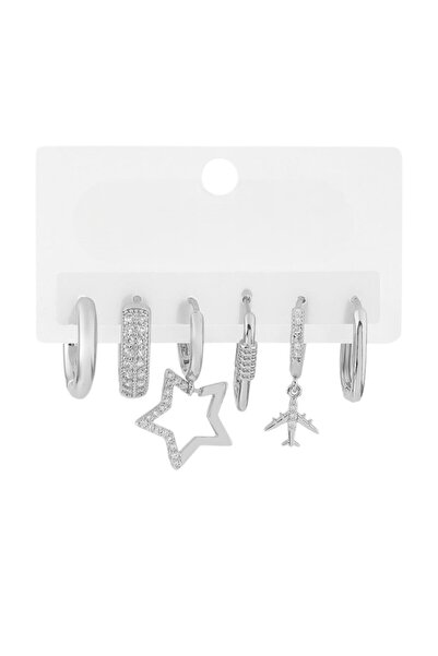 FASHİON JEWELRY مجموعة من 6 أقراط نسائية من الفولاذ المقاوم للصدأ باللون الفض...
