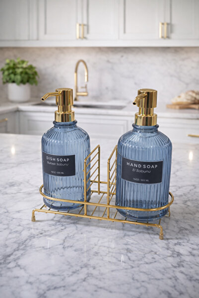 MAKRİ HOME Blue 2-Piece Glass Soap Dispenser/Detergent Dispenser, 500 Ml, wit...