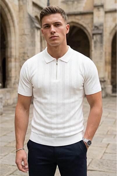 SAYZEN YOUR SHİNE Openwork Patterned Polo Collar Men's T-Shirt