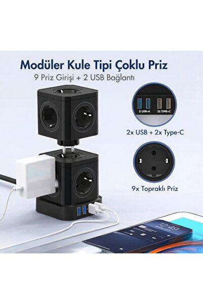 SMAYLİNG Kule Tipi Çoklu Priz 3680W | 9’lu Topraklı Priz + 2 USB + 2 Type-C