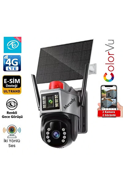 menody Çift Lensli 4G 6mp Dual Lens Güneş Panelli Solar Sirenli Güvenlik Kame...