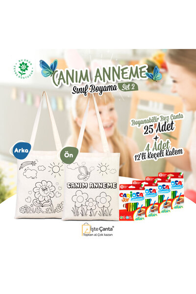 Pamusan Canım Anneme Boyama Seti 2 - 25 Adet KELEBEK Boyanabilir Çanta / 4 Ad...