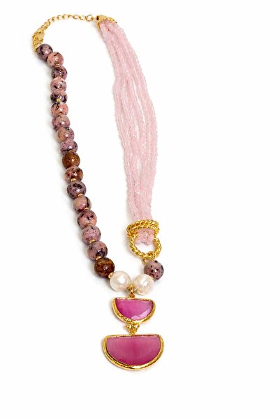 Karşıyaka Bijuteri Handmade Natural Pink Quartz, Rhodonite, and Pearl Detaile...