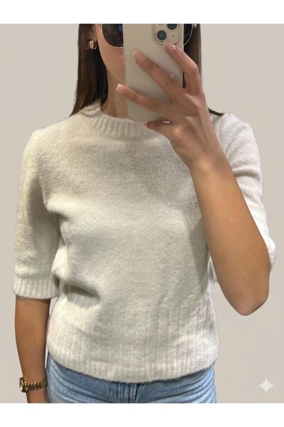 Dilvin 10654 Crew Neck Soft Textured Short Sleeve Knitwear Sweater-Beige
