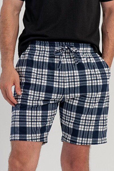 VİENETTA Erkek Lacivert Kareli Rahat Kalıp %100 Pamuk Pijama Şortu C9T7N1305