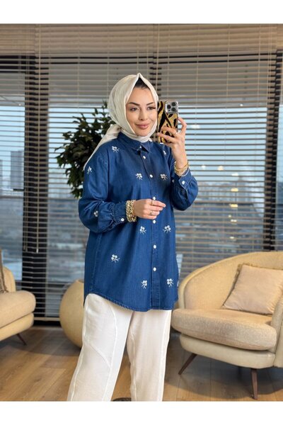 ALANURMODA Üstü Çiçek Nakışlı Gömlek