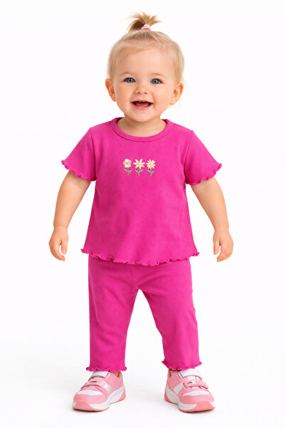 Chicsy Baby Baby Girl Flexible Ruffled Style Floral Embroidered Ribbed 2-Piec...