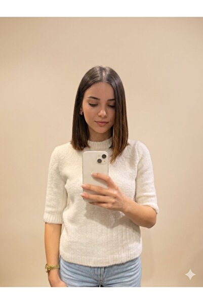 Dilvin 10654 Crew Neck Soft Textured Short Sleeve Knitwear Sweater-Beige