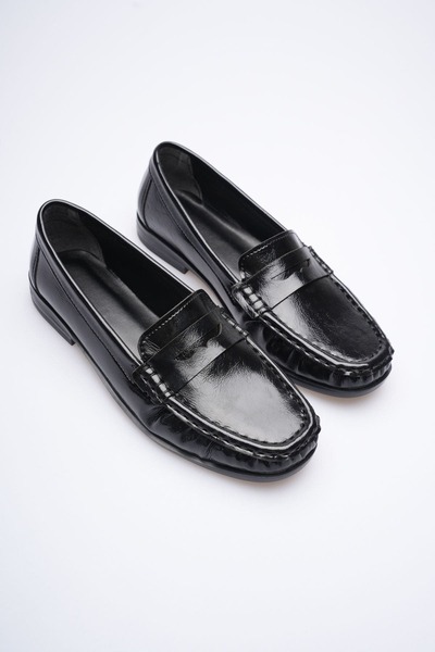 Zerenyus Premium Μαύρο Γυαλιστερό Δερμάτινο Παπούτσι Μπαλαρίνας Penny Loafer