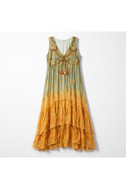 Bohem Esintili V Yaka Nakışlı Maxi Elbise - Mint & Hardal Geçişli