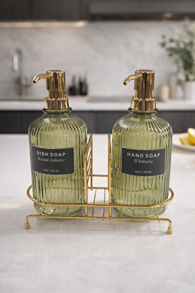 MAKRİ HOME Green 2-Piece Glass Soap Dispenser/Detergent Dispenser, 500 Ml, wi...