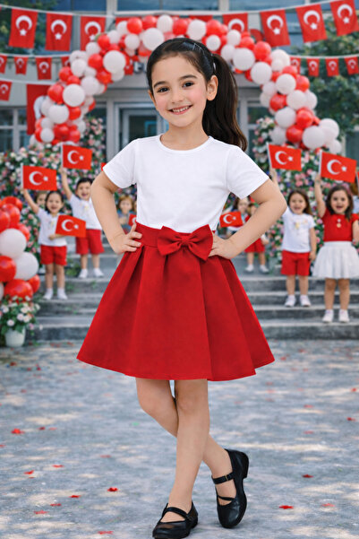 HER ŞEY NOTA www.herseynota.com Girls' Red Bowknot Padded Skirt – School Even...