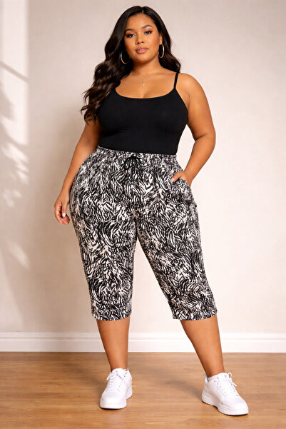 Buhara BÜYÜK BEDEN SİYAH BEYAZ ZEBRA DESENLİ BELİ LASTİKLİ CEPLİ RAHAT KESİM ...