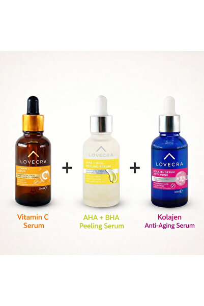 LOVECRA 3 Etkili Kolajen Serum + Vitamin C Serum + AHA/BHA Peeling Serum