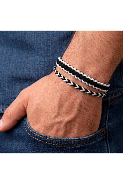 Zet Designe Macrame 2-Pack Black and White Fan Bracelet