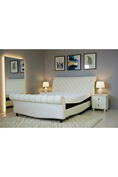 MarketMob Pat Misterio 160x200 cm Catifea Crem cu Somieră cu șipci inclusă