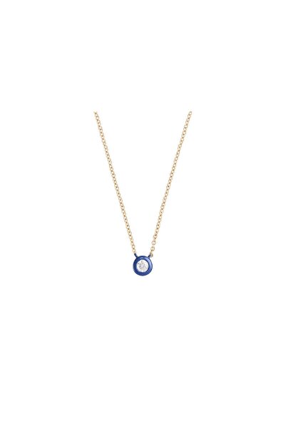 PETIT-ATELlER Blue Enamel Bezel Gold Chain Necklace White Zircon Round Pendan...