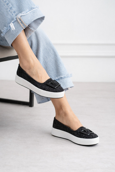 STOCON Women's Black Tweed Fabric Butterfly Detailed Casual Shoes Thermo Soft...