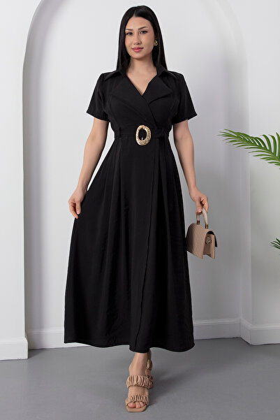 PULLIMM Shirt Collar Buckle Belted Dress Dks1408