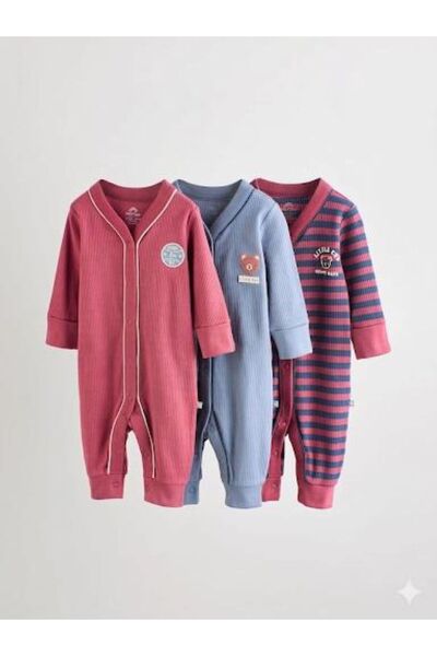 Next Baby Cotton Burgundy Blue Footless 3-Piece Jumpsuit Set